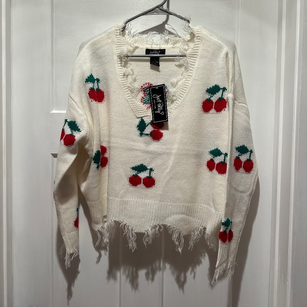 Just Polly, Cherry Frayed Sweater size M